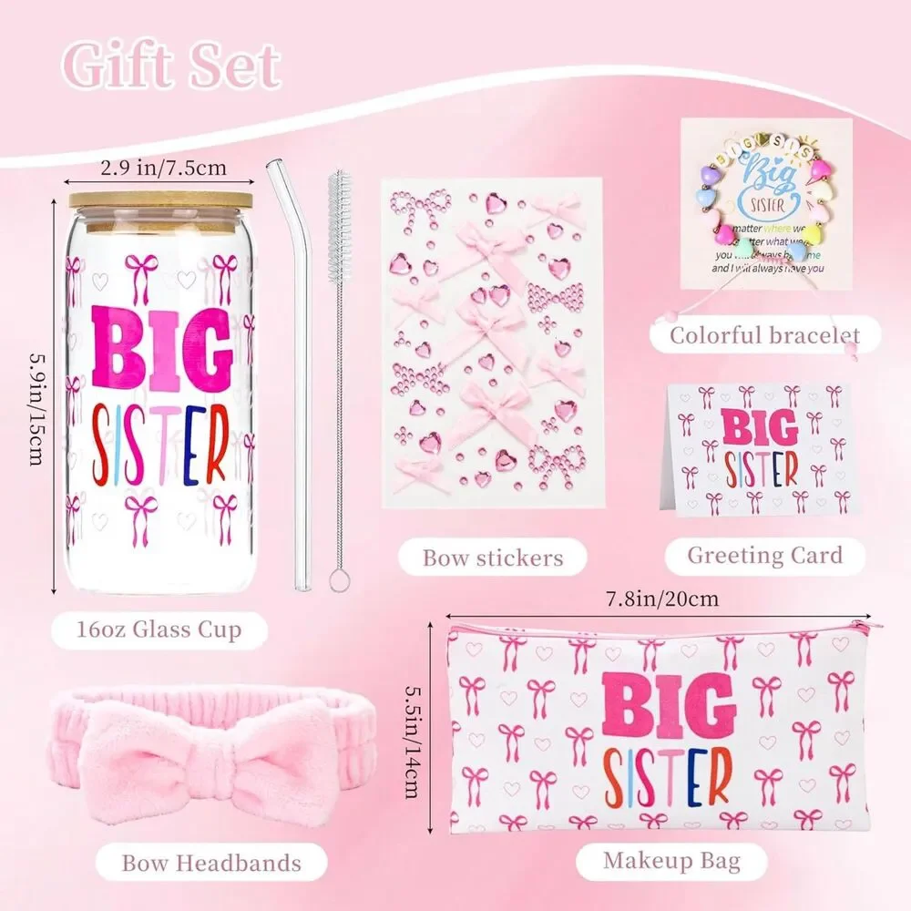 BIG SISTER Pink Bow Tumbler Gift Set with Bag & Card -Baby Announcement